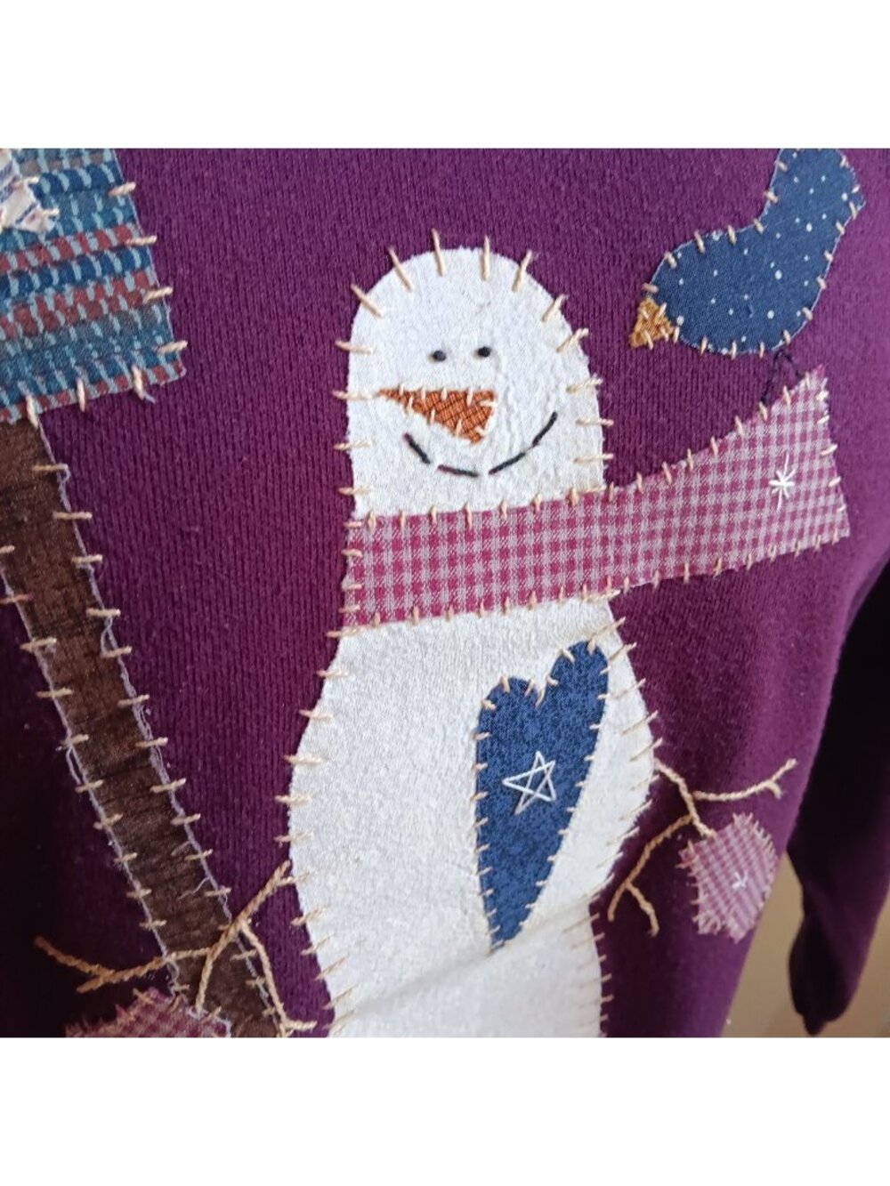 Snowman Vintage Womens Large Sweatshirt Appliqué Plaid Patches Cottage Hanes